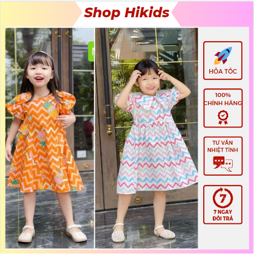 Váy đầm xinh bé gái 1-10T 10-40kg kẻ sóng tay bồng Sofia đi học đi chơi