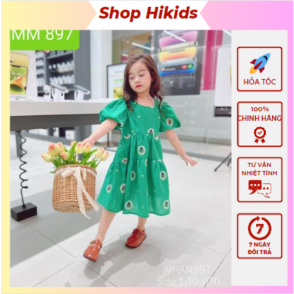 Váy Thêu Cao Cấp 1-10 Tuổi Dự Tiệc Màu Xanh, Đầm Thêu Hoa Babydoll Dáng Xòe Cho Bé