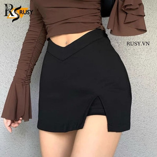 Chân váy cony xẻ đùi có khoá kéo Rusy chữ A lưng cut v, quần giả váy ngắn công sở CV03