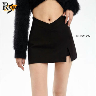 Chân váy cony xẻ đùi có khoá kéo Rusy chữ A lưng cut v, quần giả váy ngắn công sở CV03