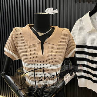 Áo len nữ polo cổ bẻ, áo len lưới lỗ thoáng mát mã 027