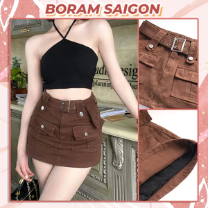Chân váy túi hộp, chân váy chữ a ngắn kaki jean thắt lưng bản to và khuy cách điệu BORAM SG (có quần trong)