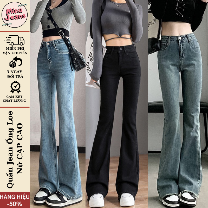 Quần jean nữ ống loe cạp cao MINA.JEAN,quần bò jeans nữ đen ống loe co giãn cao cấp phong cách Retro Ulzzang