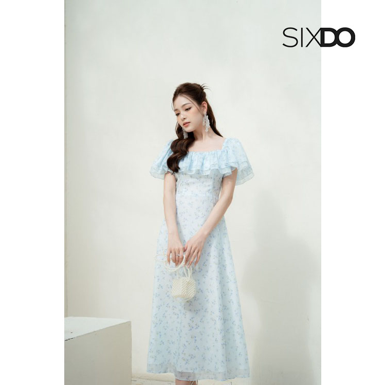 Đầm hoa midi A vai chun nữ tính SIXDO-Z Z-Light Blue Floral Midi Dress