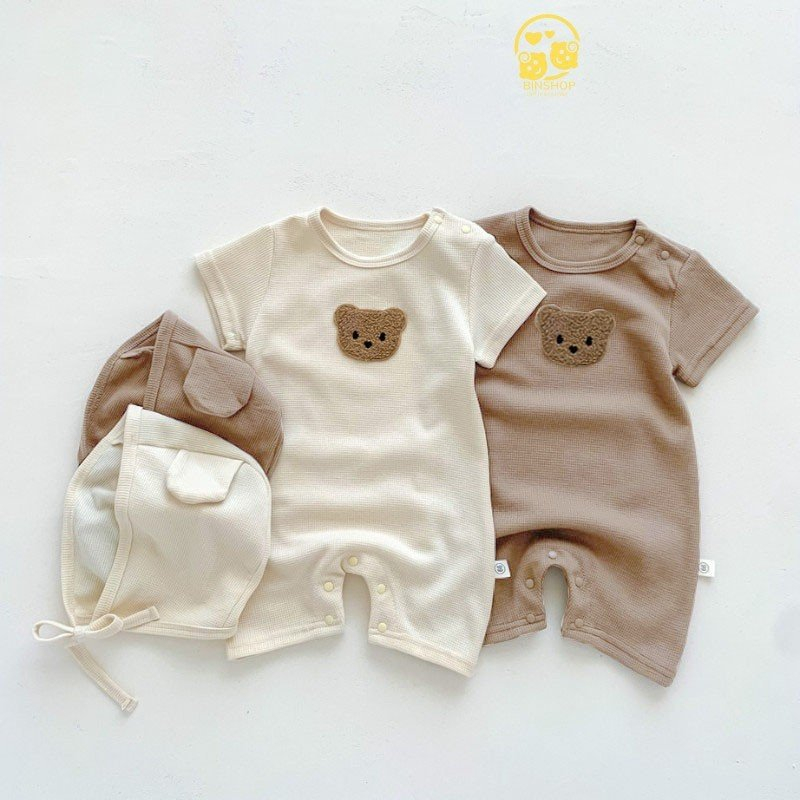 Bộ body cho bé trai, bé gái Đính Gấu dễ thương, Bodysuit cho bé chất vải Tăm Lạnh mềm mát mẫu áo liền quần 0-12M