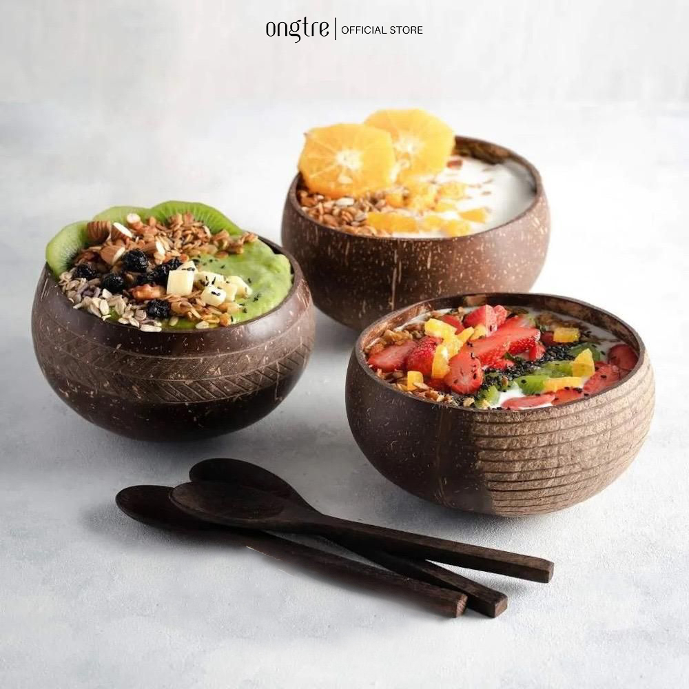 Bát Gáo Dừa ONGTRE Chạm Khắc Hoa Văn - Bát Salad, Tô Dừa Đựng Hoa Quả, Ăn Healthy, Decor, Coconut Bowl