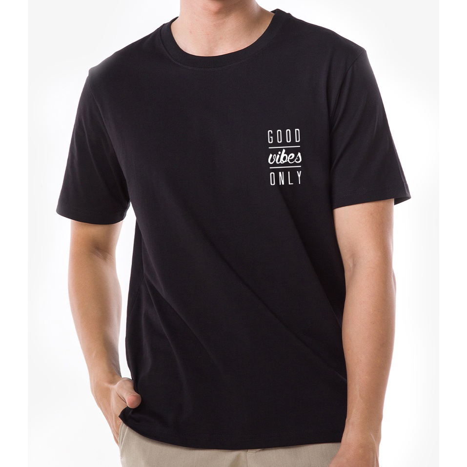 Áo thun đen in hình Good Vibes Only co dãn thấm hút mồ hôi size 40-100kg form rộng Basetee Unisex