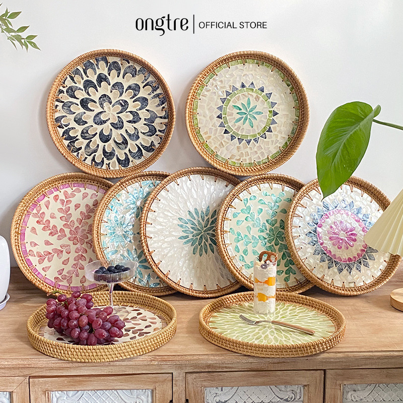 Khay Khảm Trai Viền Mây Tự Nhiên ONGTRE, Khay Đựng Đồ Đa Năng, Khay Decor, Quà Tặng Cao Cấp, Nhà Hàng, Khách Sạn, Resort