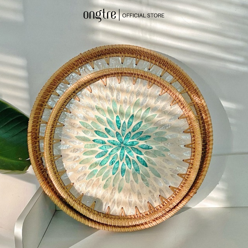 Khay Khảm Trai Viền Mây Tự Nhiên ONGTRE, Khay Đựng Đồ Đa Năng, Khay Decor, Quà Tặng Cao Cấp, Nhà Hàng, Khách Sạn, Resort