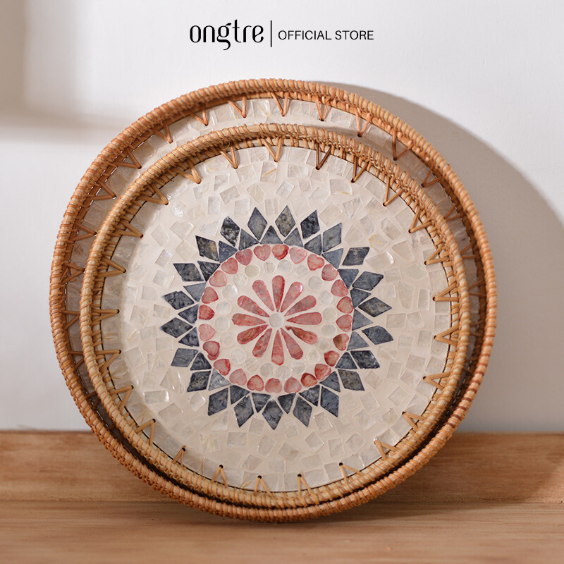 Khay Khảm Trai Viền Mây Tự Nhiên ONGTRE, Khay Đựng Đồ Đa Năng, Khay Decor, Quà Tặng Cao Cấp, Nhà Hàng, Khách Sạn, Resort