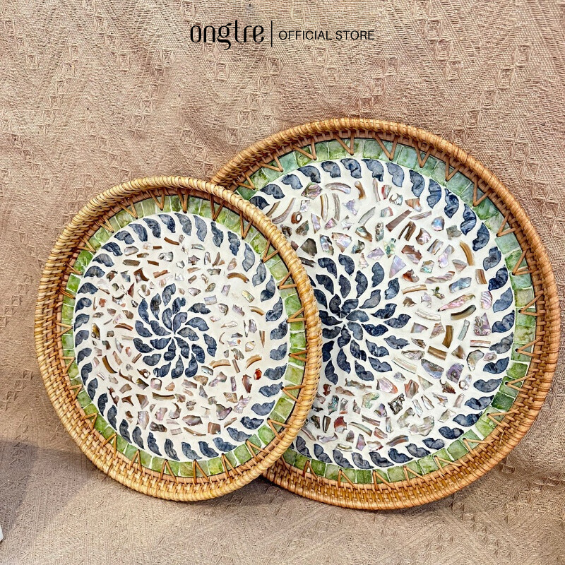 Khay Khảm Trai Viền Mây Tự Nhiên ONGTRE, Khay Đựng Đồ Đa Năng, Khay Decor, Quà Tặng Cao Cấp, Nhà Hàng, Khách Sạn, Resort