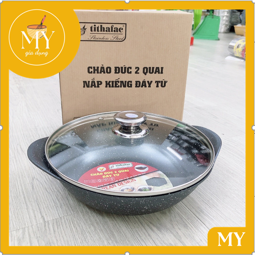 Chảo vân đá đúc 2 quai nắp kính tithafac 24cm - chảo 2 quai