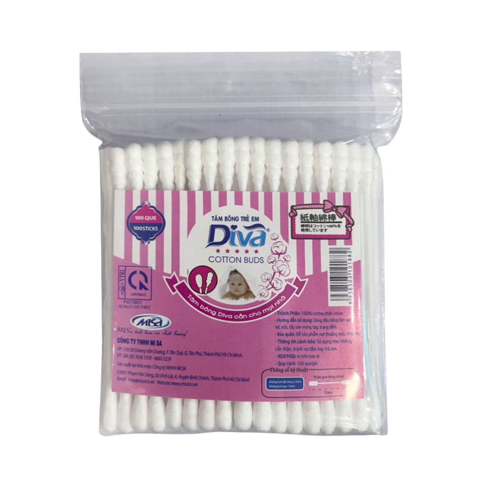Ảnh Tăm bông Diva Baby dành cho bé sơ sinh 100% Bông Tự Nhiên Túi 100 cây 3