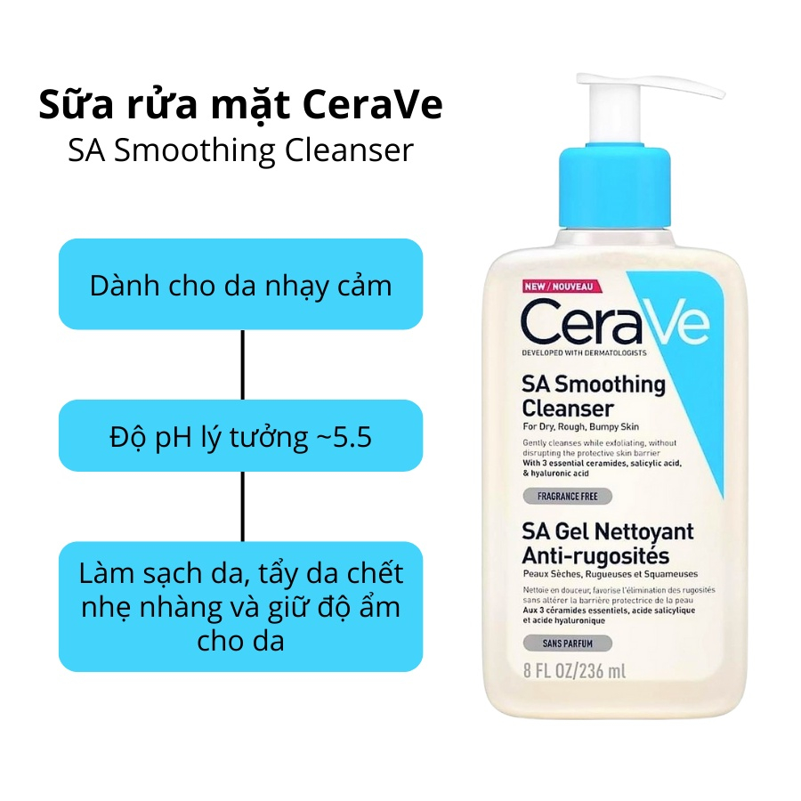 Ảnh Sữa rửa mặt CeraVe Foaming, Hydrating, SA Smoothing Cleanser cho da dầu, khô, nhạy cảm 88ML/236ML/473ML - ajaskinlab 4