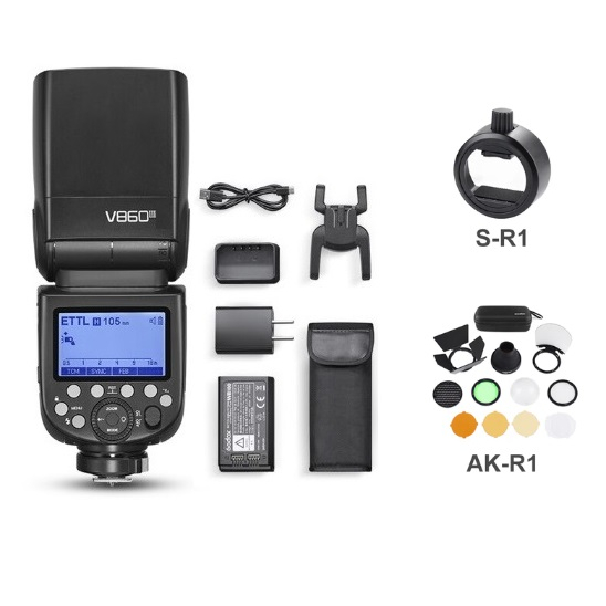 Đèn Flash Godox V860 III kèm bộ tản sáng Godox AK-R1 và ngàm S-R1 ...