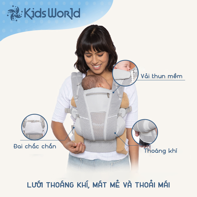 Địu em bé Kidsworld Omni Breeze/360 Cool Air Mesh trợ lực 4 tư thế vải thoáng khí có đỡ cổ mũ trùm cho bé sơ sinh
