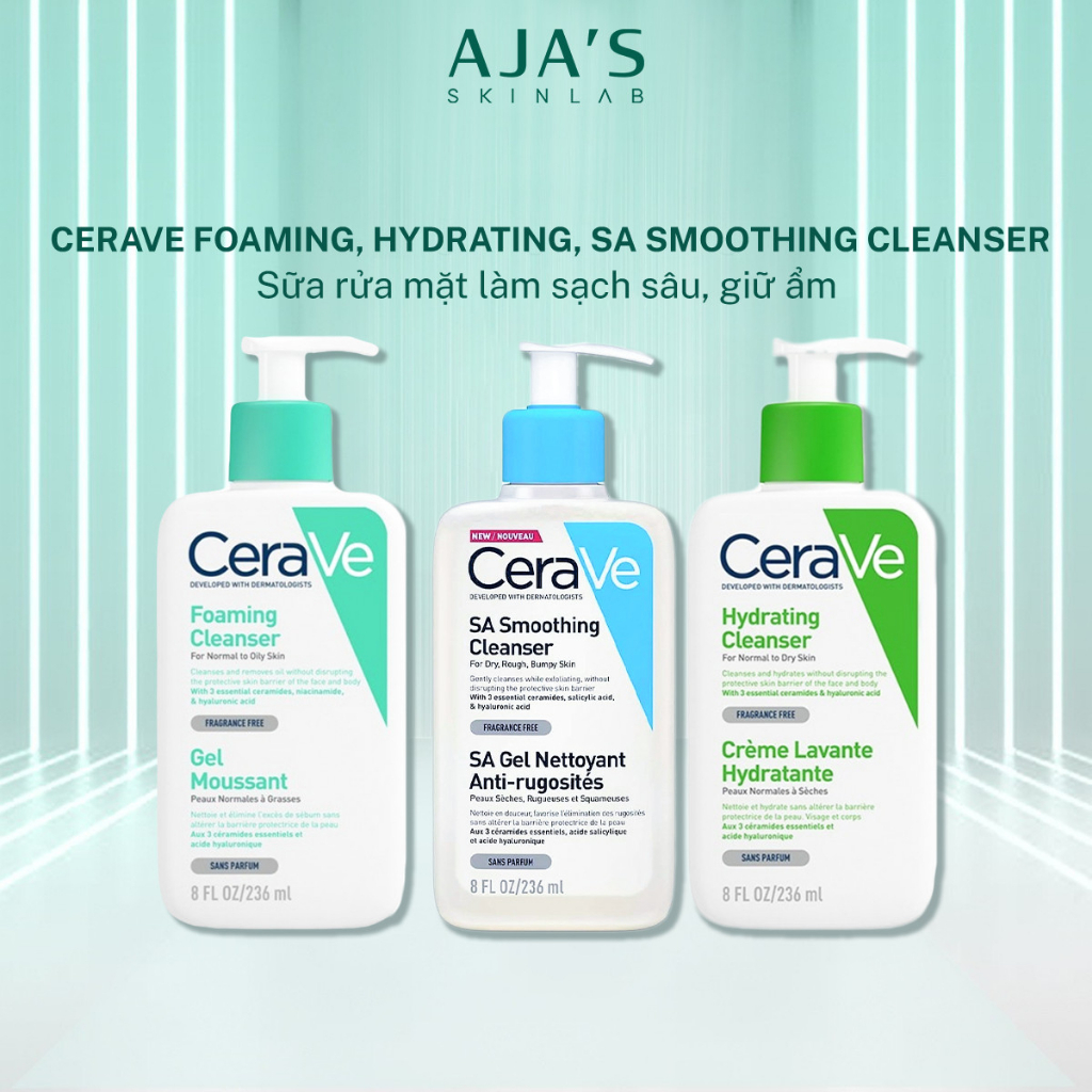 Ảnh Sữa rửa mặt CeraVe Foaming, Hydrating, SA Smoothing Cleanser cho da dầu, khô, nhạy cảm 88ML/236ML/473ML - ajaskinlab 2