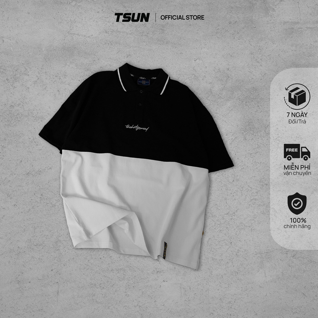 Áo Polo TSUN 2 Panel - Đen/ Trắng - [UNISEX] - Thêu