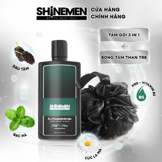Combo Sữa tắm gội và Rửa mặt 3 in 1 SHINEMEN cho nam, hương MINT-MAN 300ml & Bông tắm than tre