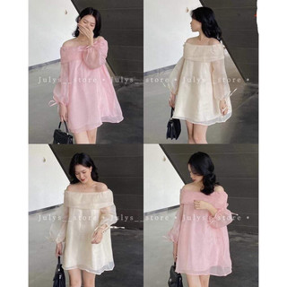 Áo Váy Trễ Vai Babydoll Kèm Ghim Đá, Bánh Bèo Hot 2 lớp Chất Voan Tơ