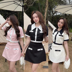 Set thiết kế áo tay ngắn tiểu thư Mix Chân Váy Midi phong cách Hàn Quốc Ảnh Thật sẵn hàng kèm video