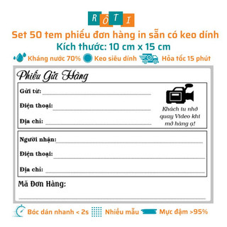 50 Phiếu ship hàng có sẵn keo dán, mực đậm không phai kích thước 10x15cm