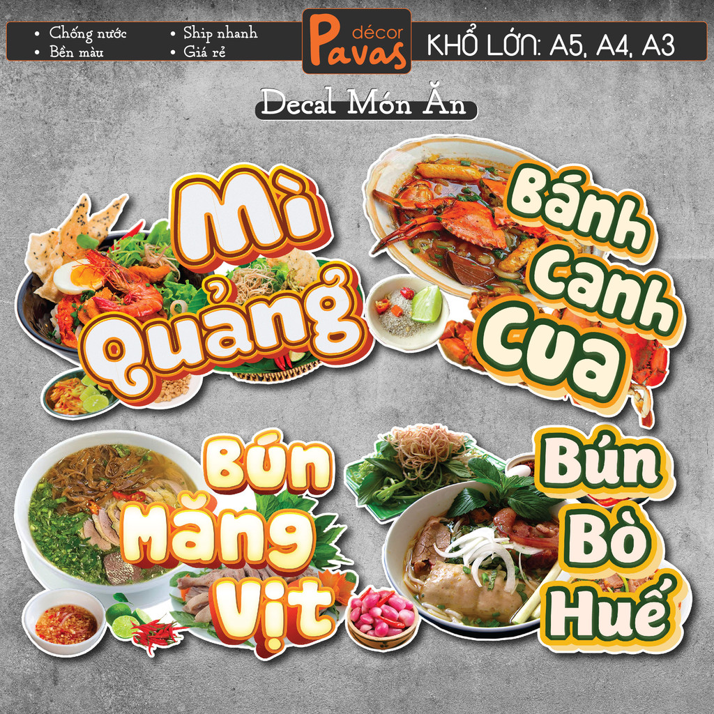 Decal Bún Bò Huế, Bún Măng Vịt, Bánh Canh Cua, Mỳ Quảng chống nước ...
