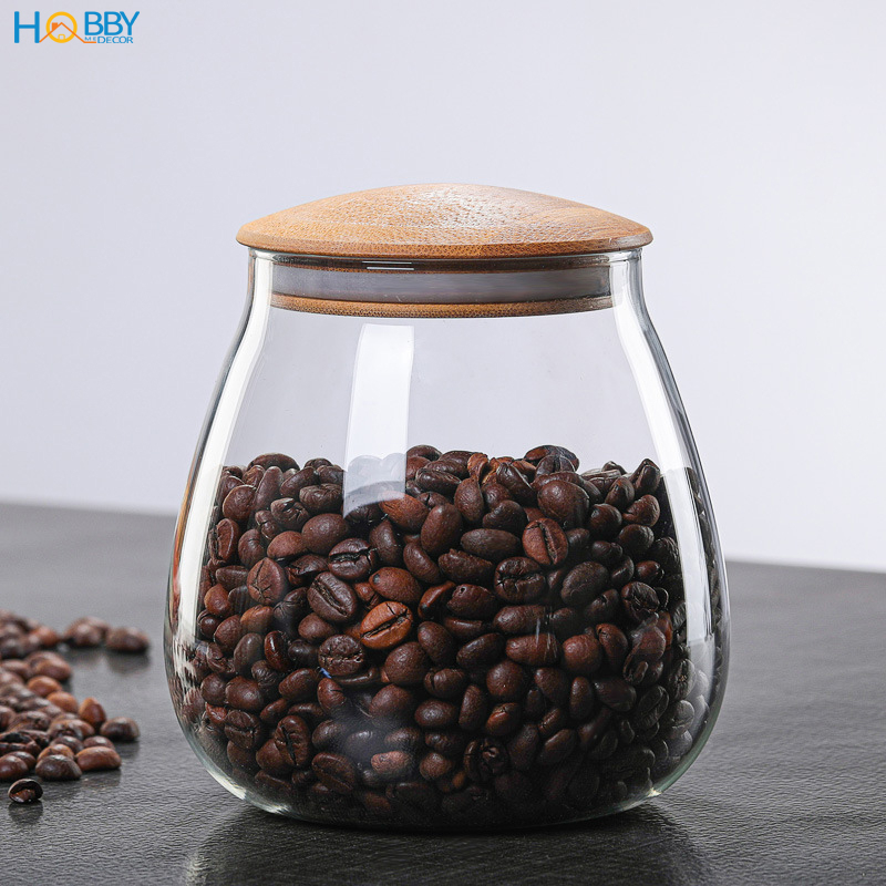 Hủ thủy tinh đựng hạt nắp gỗ tre hình bầu Hobby home decor HBG dung tích tùy chọn