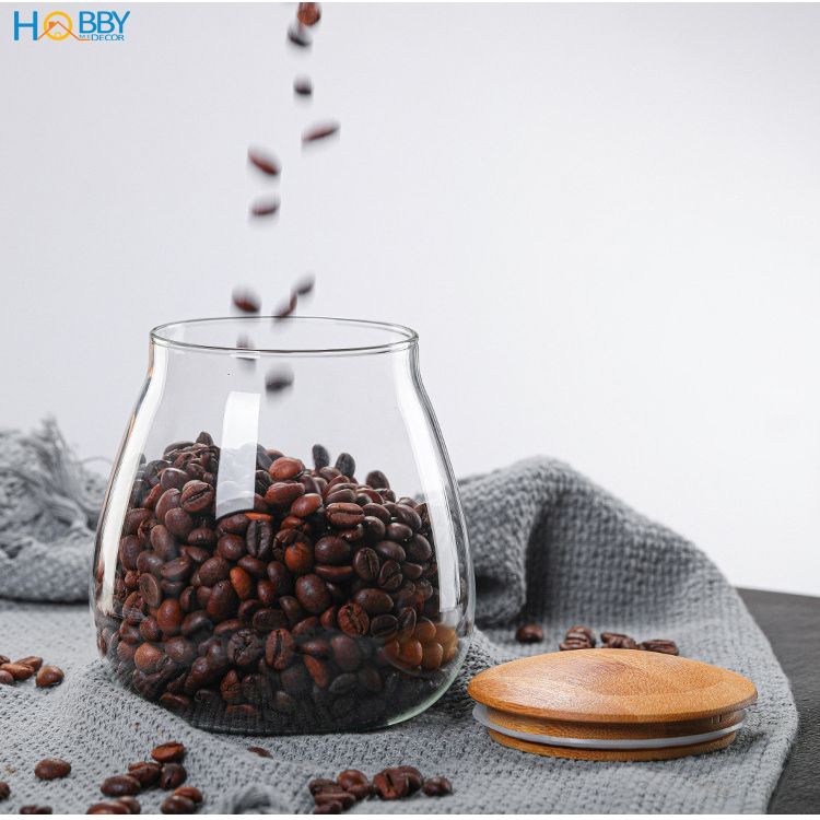 Hủ thủy tinh đựng hạt nắp gỗ tre hình bầu Hobby home decor HBG dung tích tùy chọn