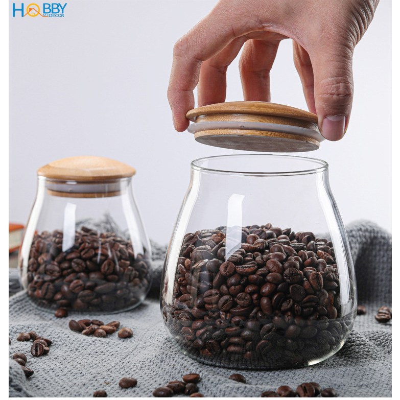 Hủ thủy tinh đựng hạt nắp gỗ tre hình bầu Hobby home decor HBG dung tích tùy chọn