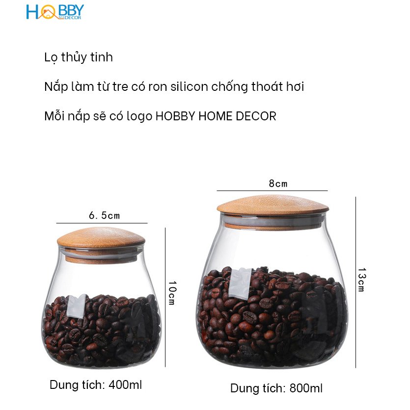 Hủ thủy tinh đựng hạt nắp gỗ tre hình bầu Hobby home decor HBG dung tích tùy chọn