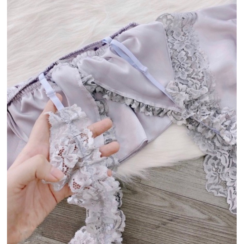 Bộ đồ ngủ sexy satin phối ren mềm siêu yêu