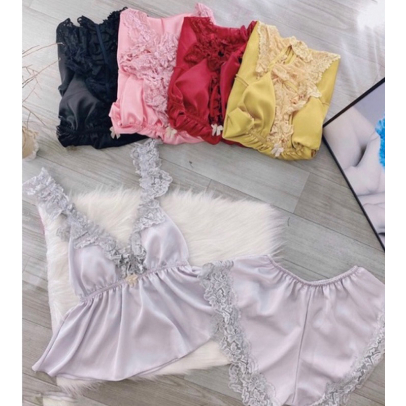 Bộ đồ ngủ sexy satin phối ren mềm siêu yêu