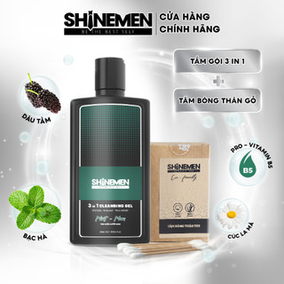 Combo Sữa tắm gội và Rửa mặt 3 in 1 SHINEMEN cho nam, hương nước hoa MINT-MAN & Tăm bông thân gỗ tre