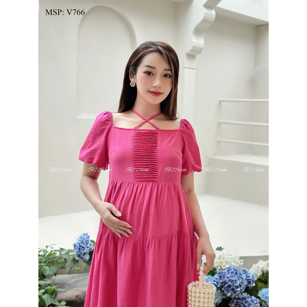 Váy bầu thiết kế Váy đũi hồng V766 B2MUM