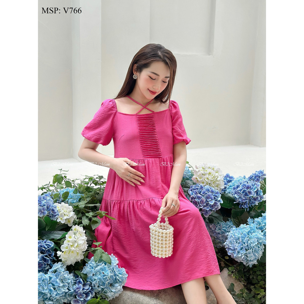 Váy bầu thiết kế Váy đũi hồng V766 B2MUM