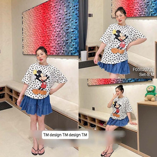 Set Bộ Đồ Nữ Áo Phông Chấm Bi Mickey Mix Chân Váy Bò Giấy Xòe Dáng Ngắn Freesize