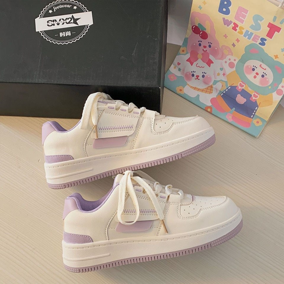Giày bata sneaker nữ cổ thấp đế độn màu trắng phối nâu, tím dáng basic ...