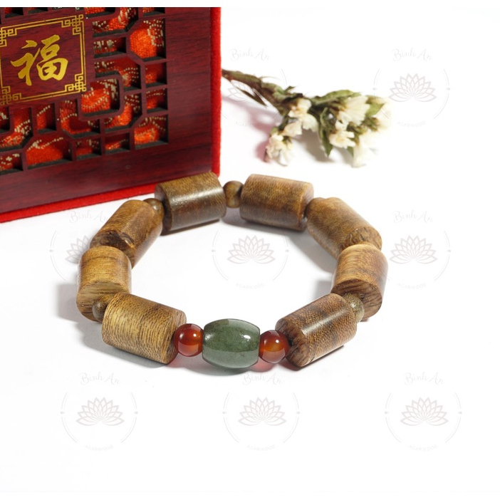 Vòng Tay Trầm Tốc Tự Nhiên Hình Trụ Mix Đ.á Trụ - Trầm Hương Tự Nhiên - Trầm Hương Việt- Size - 8mm, 10mm, 12mm, 14mm