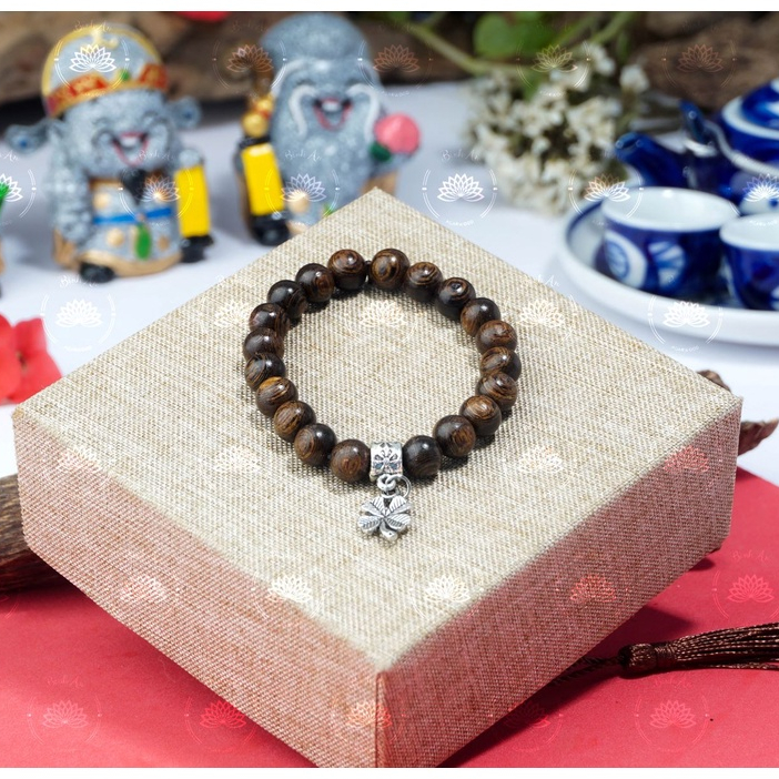 Vòng Tay Trầm Hương Tự Nhiên Cỏ Bốn Lá May Mắn- Trầm Sánh Chìm Việt - Mùi Dịu Nhẹ 10 12 14 16 ly