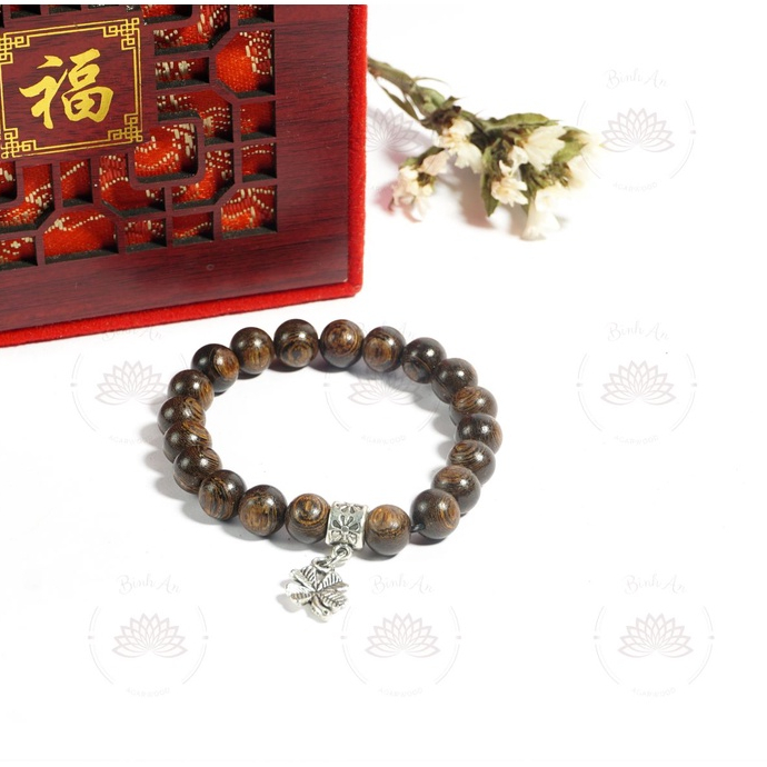 Vòng Tay Trầm Hương Tự Nhiên Cỏ Bốn Lá May Mắn- Trầm Sánh Chìm Việt - Mùi Dịu Nhẹ 10 12 14 16 ly