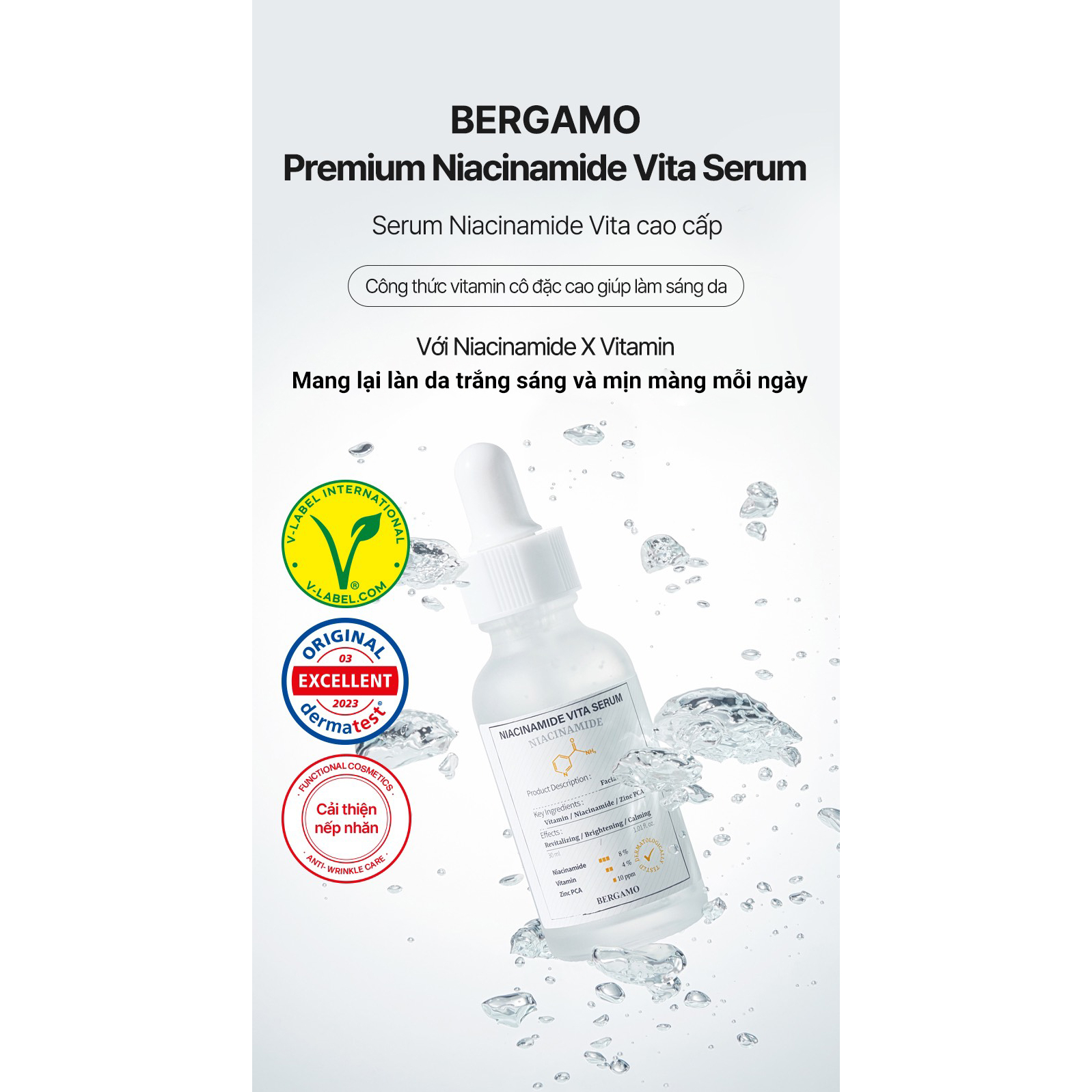 [Serum Mới] Serum BERGAMO Premium Niacinamide 10% + 4% Vitamin + Zinc PCA  10 PM dưỡng trắng, giảm mụn 30ml