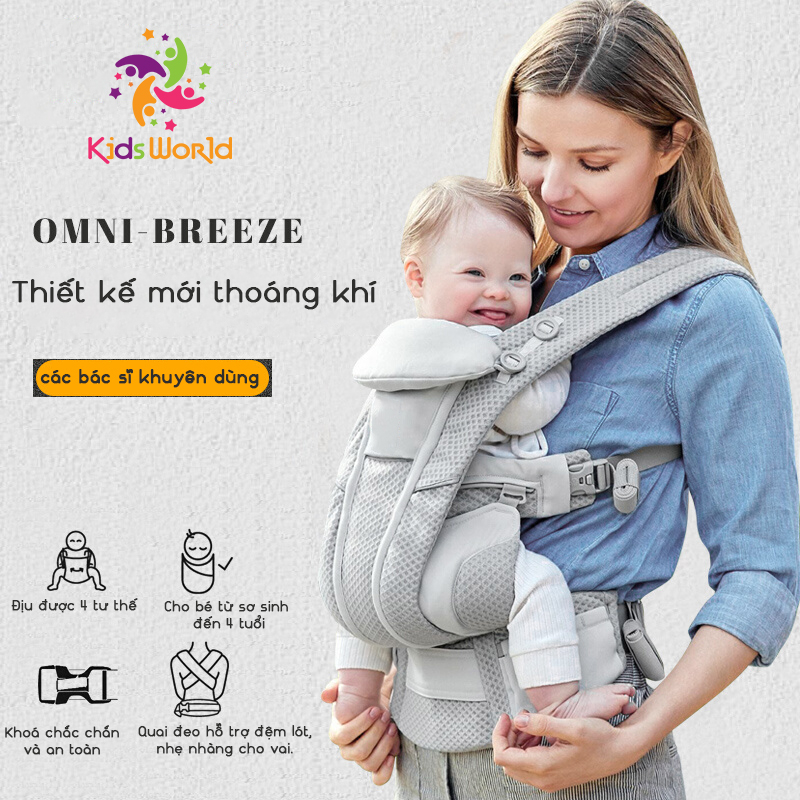 Địu em bé Kidsworld Omni Breeze/360 Cool Air Mesh trợ lực 4 tư thế vải thoáng khí có đỡ cổ mũ trùm cho bé sơ sinh