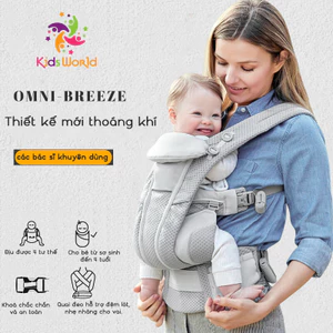 Địu em bé Kidsworld Omni Breeze/360 Cool Air Mesh trợ lực 4 tư thế vải thoáng khí có đỡ cổ mũ trùm cho bé sơ sinh
