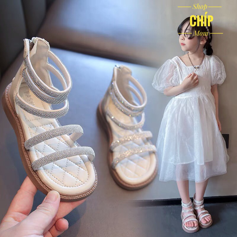 Sandal chiến binh quai ngang đính đá cho bé gái dép quai hậu cổ cao siêu điệu đi học đi chơi QCCC F891 ( ảnh thật )