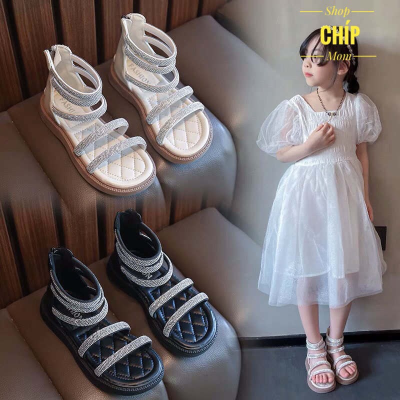 Sandal chiến binh quai ngang đính đá cho bé gái dép quai hậu cổ cao siêu điệu đi học đi chơi QCCC F891 ( ảnh thật )