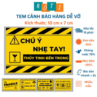 Set 100 tem dán hàng dễ vỡ, nhãn cảnh báo màu vàng có sẵn keo kích thước 7x5cm