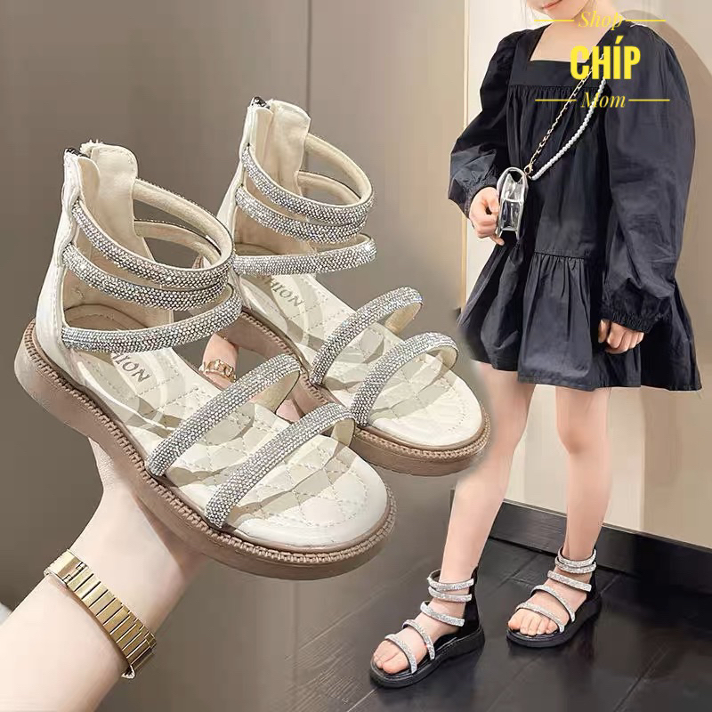 Sandal chiến binh quai ngang đính đá cho bé gái dép quai hậu cổ cao siêu điệu đi học đi chơi QCCC F891 ( ảnh thật )