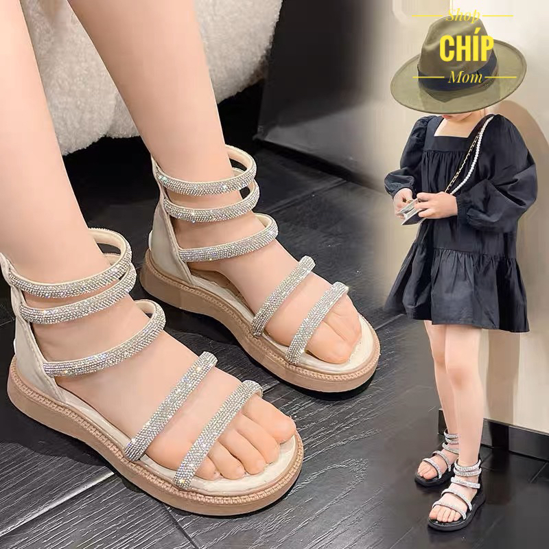 Sandal chiến binh quai ngang đính đá cho bé gái dép quai hậu cổ cao siêu điệu đi học đi chơi QCCC F891 ( ảnh thật )