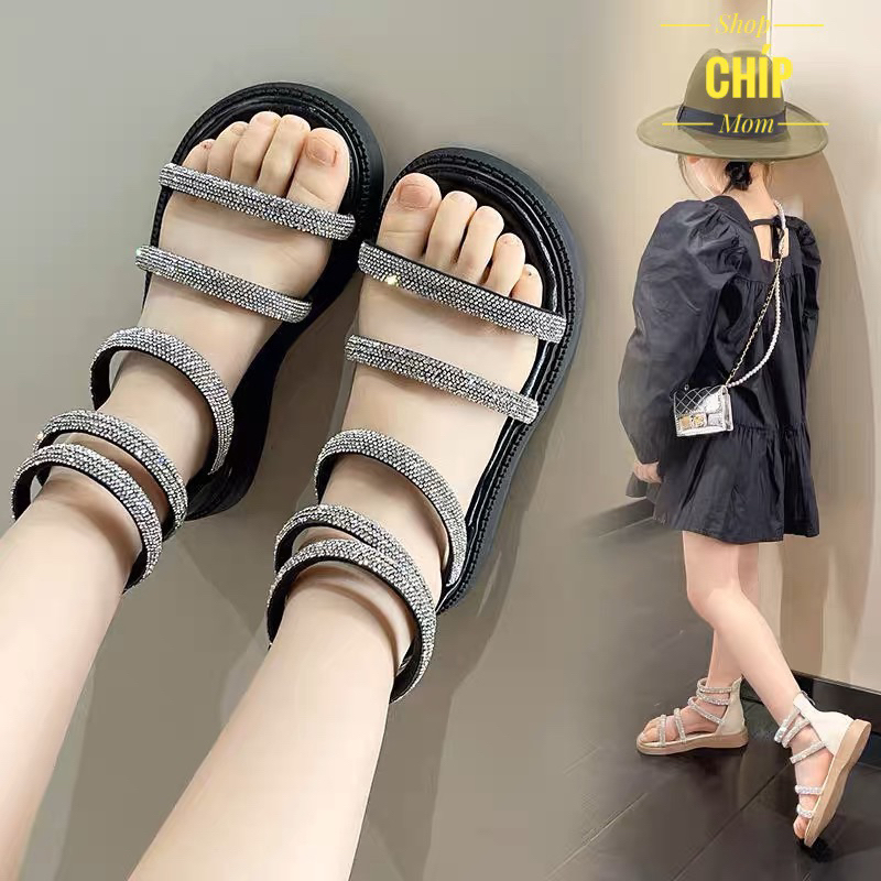 Sandal chiến binh quai ngang đính đá cho bé gái dép quai hậu cổ cao siêu điệu đi học đi chơi QCCC F891 ( ảnh thật )